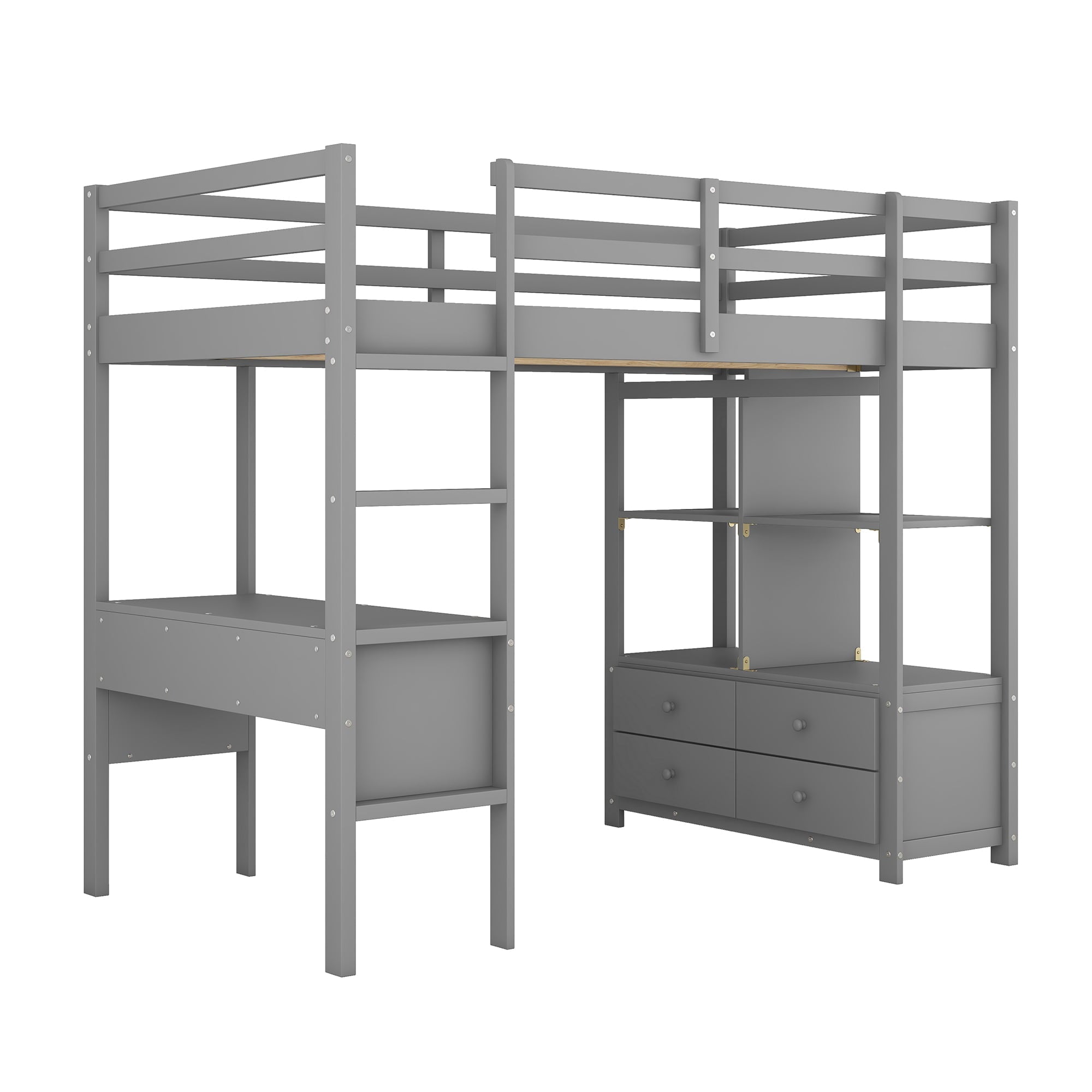 Twin Size Wood Loft Bed with Desk, Drawers and Shelf for Kids Room, Gray