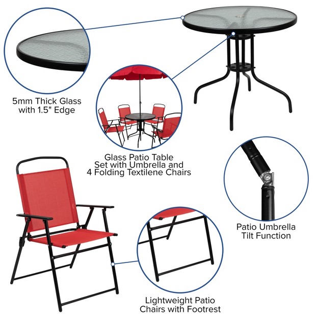 Flash Furniture Nantucket 6 Piece Patio Garden Set With Table Umbrella And 4 Folding Chairs