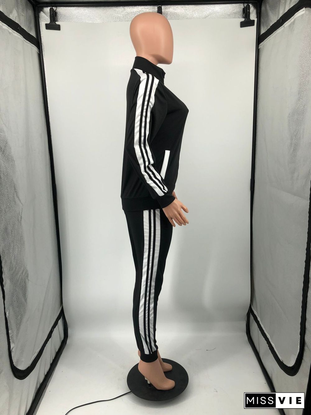 Side Striped Zip Sporty Jacket Two Piece Pants Set