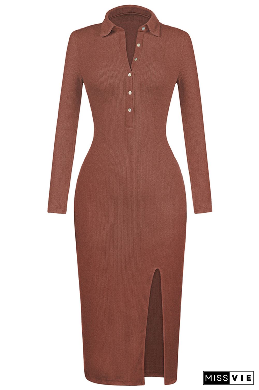 Button Down Split Knit Long Sleeves Midi Dress