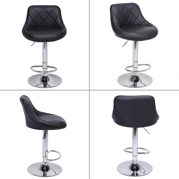 Round PU Leather Adjustable Bar Stools with Back Black (Set of 2)