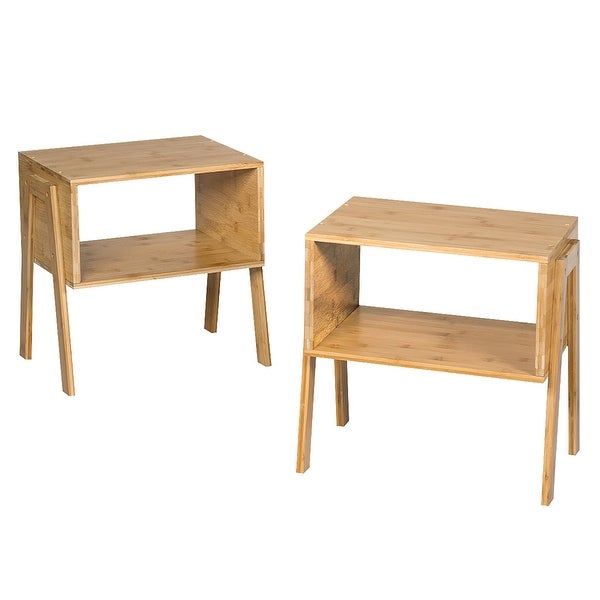 Nightstand Set of 2 Bamboo Stackable Bedside Table with Storage Shelf