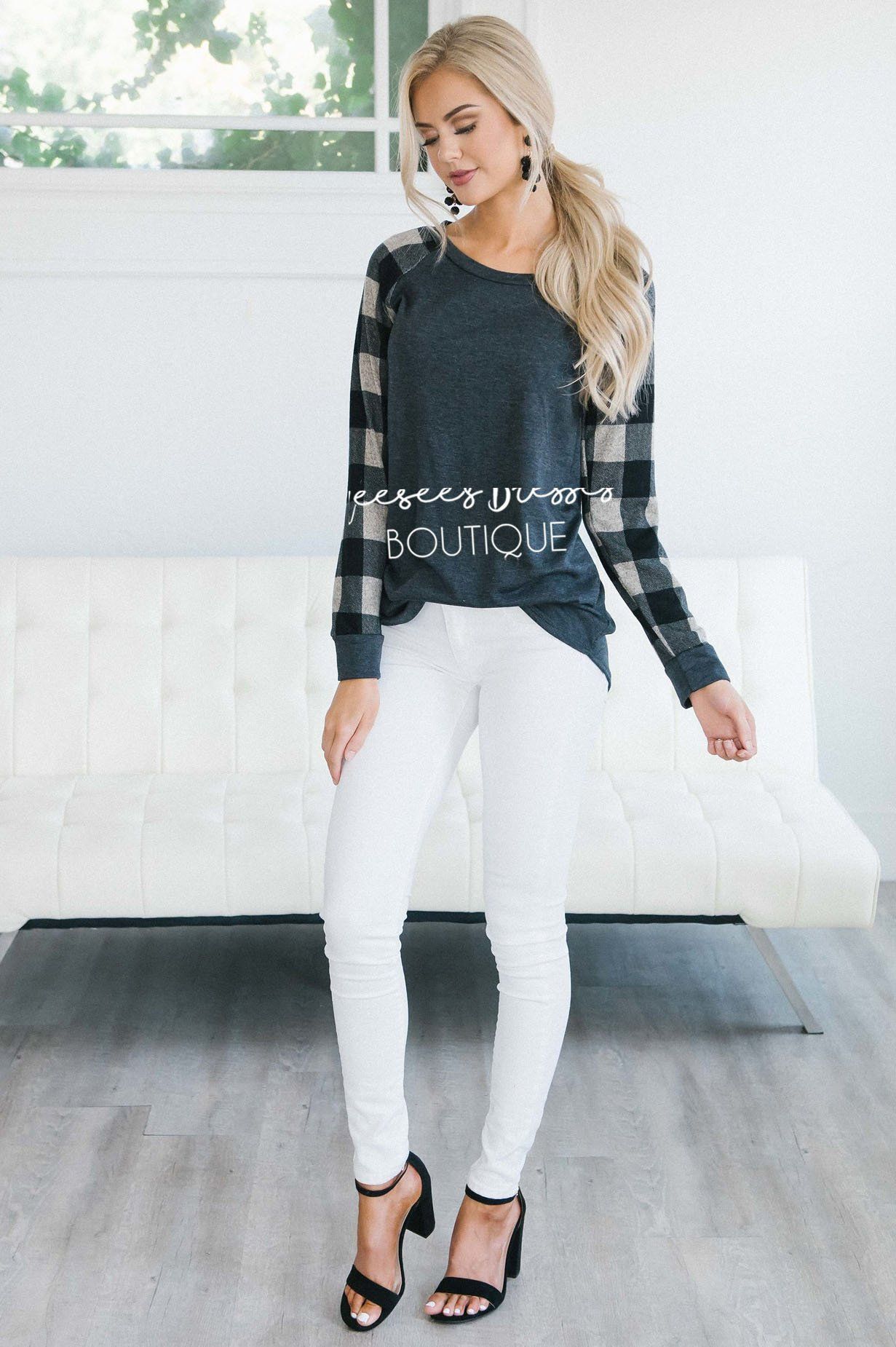 Charcoal & Taupe Plaid Sleeve Sweatshirt