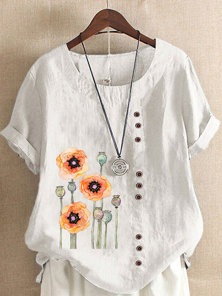 Round Neck Casual Loose Floral Print Short Sleeve Blouse