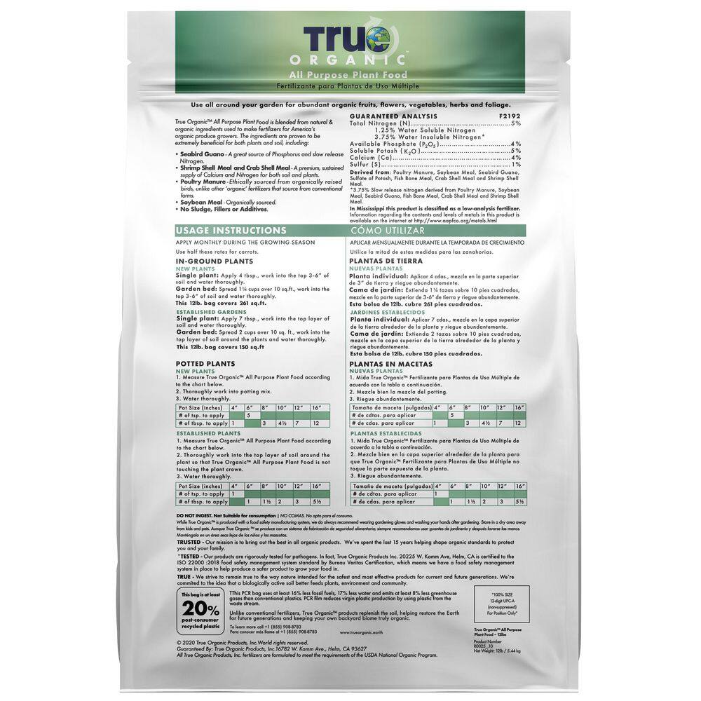 TRUE ORGANIC 12 lbs. Organic All Purpose Plant Food Dry Fertilizer OMRI Listed 5-4-5 R0025