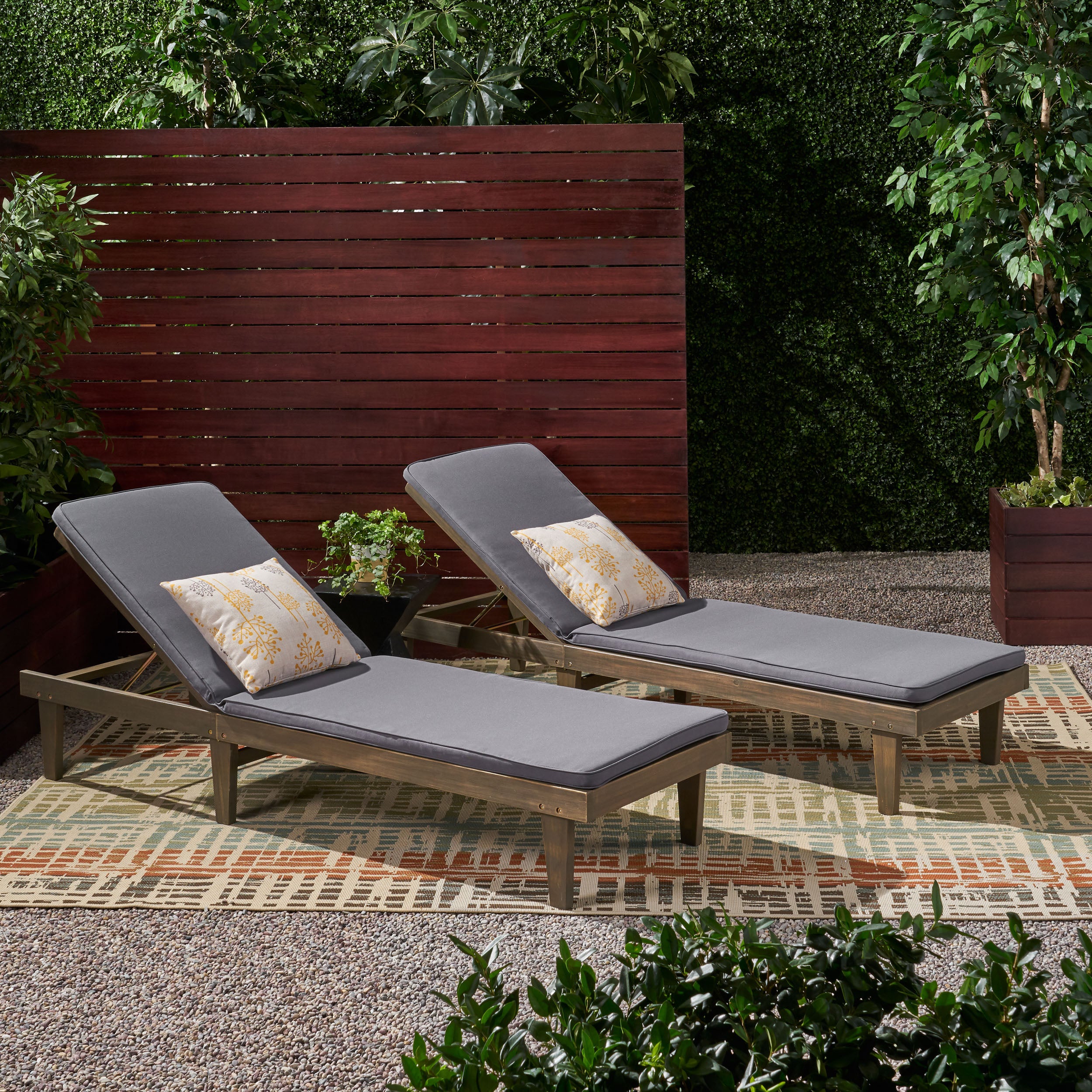 Nadine Outdoor Modern Acacia Wood Chaise Lounge with Cushion (Set of 2)