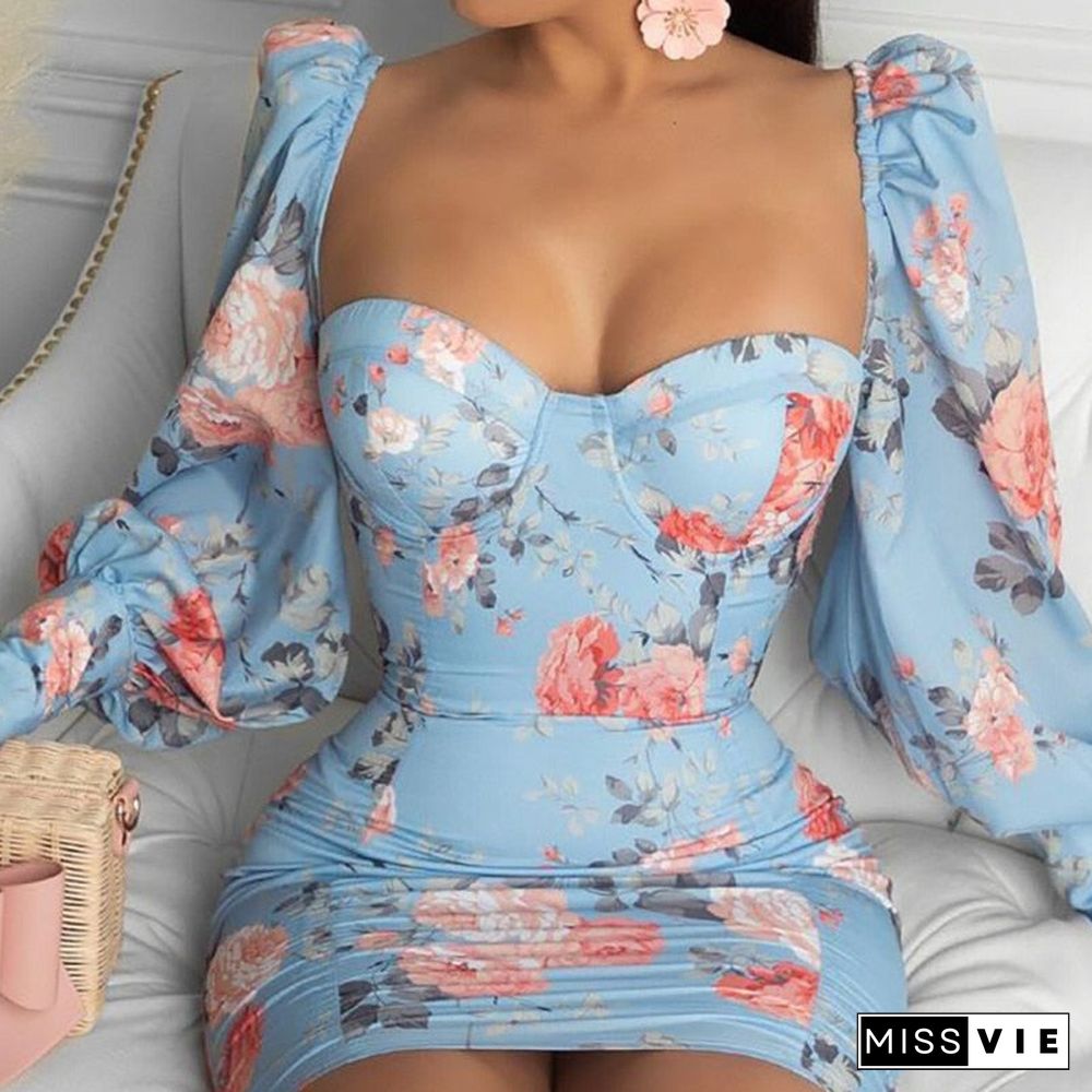 Summer Spring Ruched Lantern Sleeve Solid Bodycon Mini Dress Sexy Boho Elegant Square Neck Skinny Women's Cothing