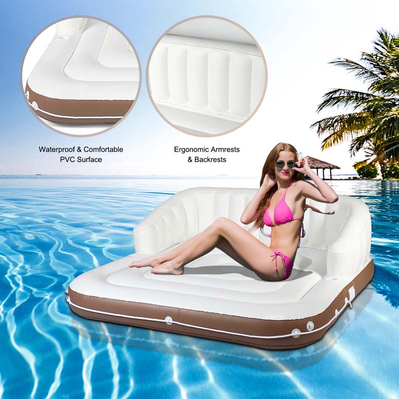 Giant Inflatable Pool Float Lounge Swimming Floating Island Raft with Retractable Canopy & 2 Cup Holders