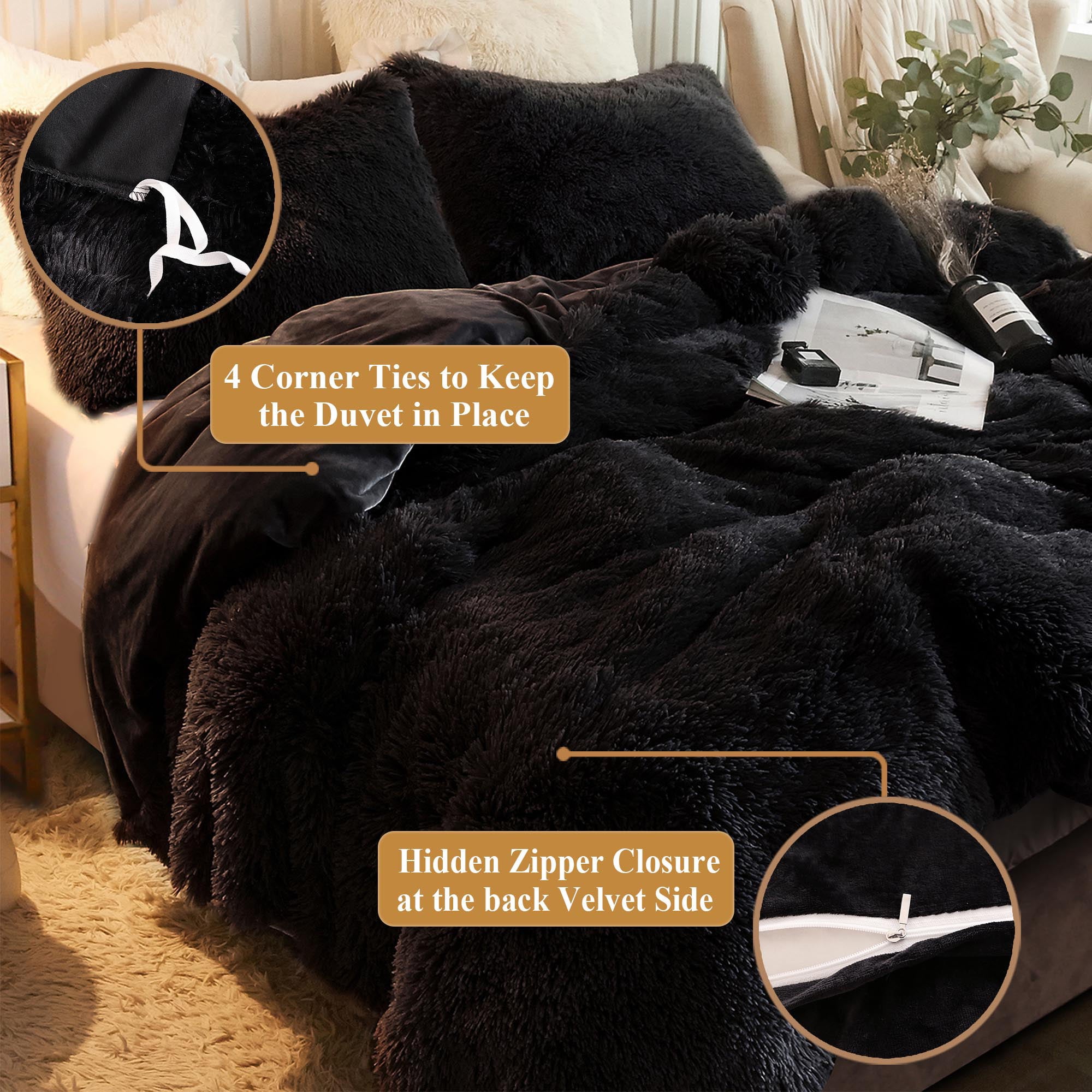 XeGe 3 Pieces Furry Plush Duvet Cover Set， Black Faux Fur Comforter Cover Set， Luxury Soft Velvet Fuzzy Fluffy Bedding Set， Shaggy Duvet Cover with 2 Pillow Covers， Zipper Closure， Queen Size， Black