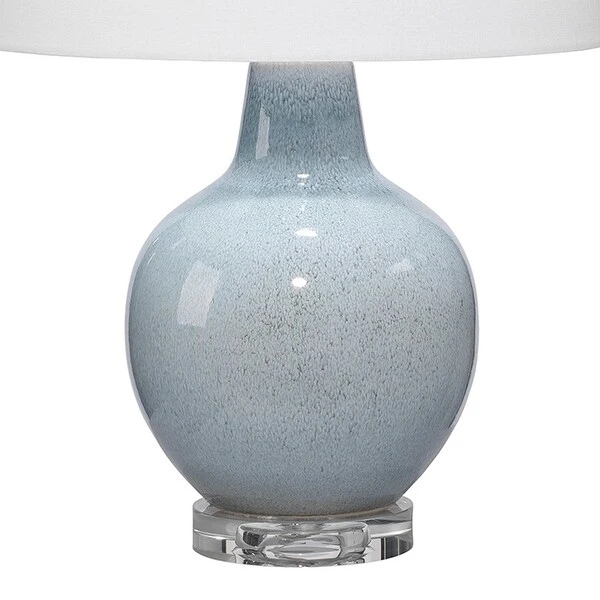 Table Lamp with Drum Shade and Ceramic Bellied Base， Blue