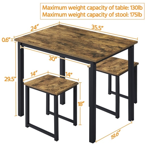 3-Piece Dining Set with Industrial Square Table and 2 Backless Chairs