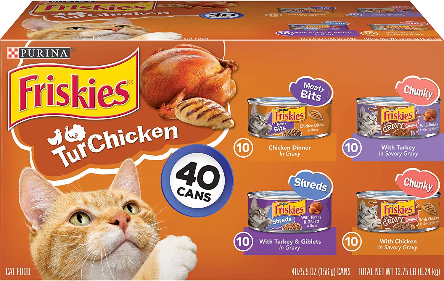 Purina Friskies Gravy Wet Cat Food Variety Pack TurChicken Extra Gravy Chunky Meaty Bits and Shreds - (40) 5.5 oz. Cans