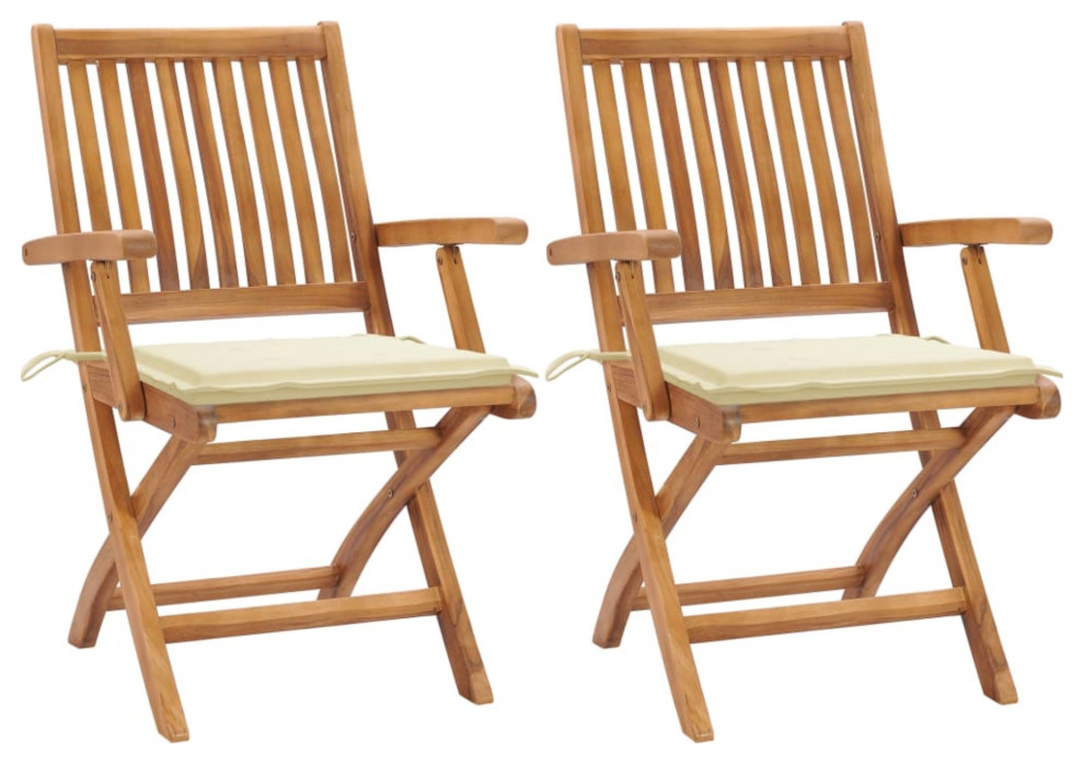 Vidaxl Garden Chairs  Set of 2  With Cream Cushions Solid Teak Wood   Contemporary   Outdoor Folding Chairs   by Virventures  Houzz