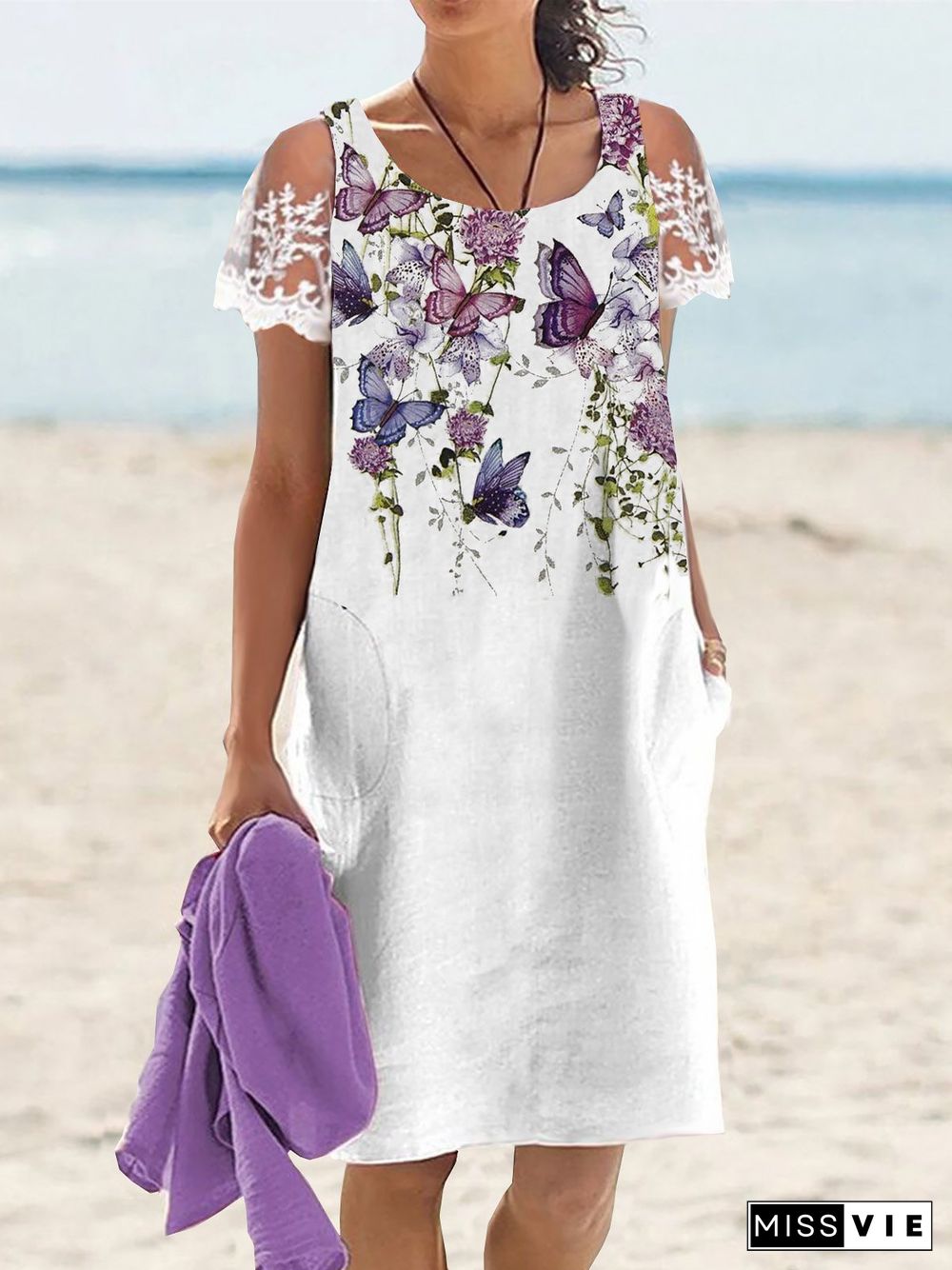 Vacation Floral Loosen Crew Neck Midi Dresses