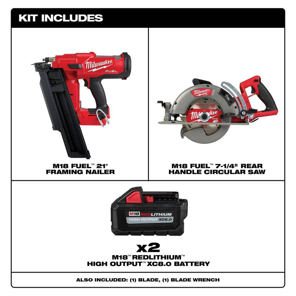 MW M18 FUEL 3-12 in. 18-Volt 21-Degree Lithium-Ion Brushless Cordless Nailer w7-14 in. Rear Circ Two 6Ah HO Batteries 2744-20-2830-20-48-11-1862