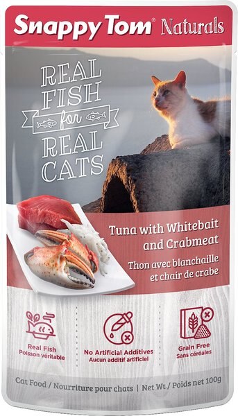 Snappy Tom Naturals Tuna with Whitebait and Crabmeat Cat Food Pouches， 3.5-oz， case of 12