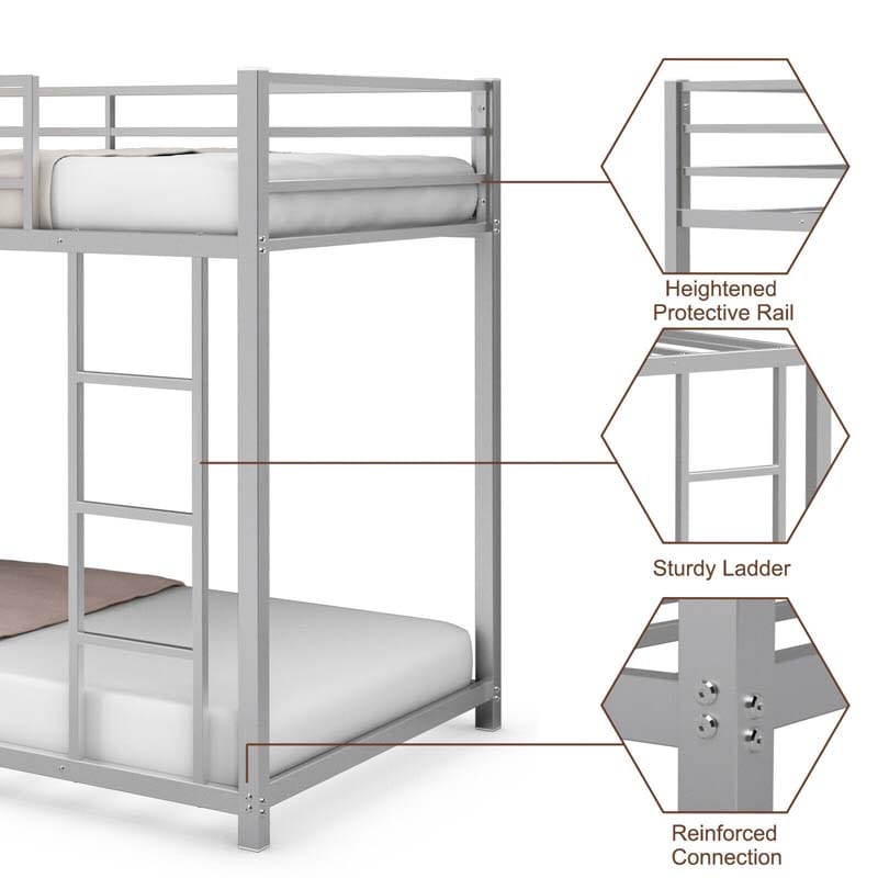 Metal Bunk Bed Twin Over Twin, Classic Bunk Bed Frame Platform with Side Ladder & Safety Guardrail