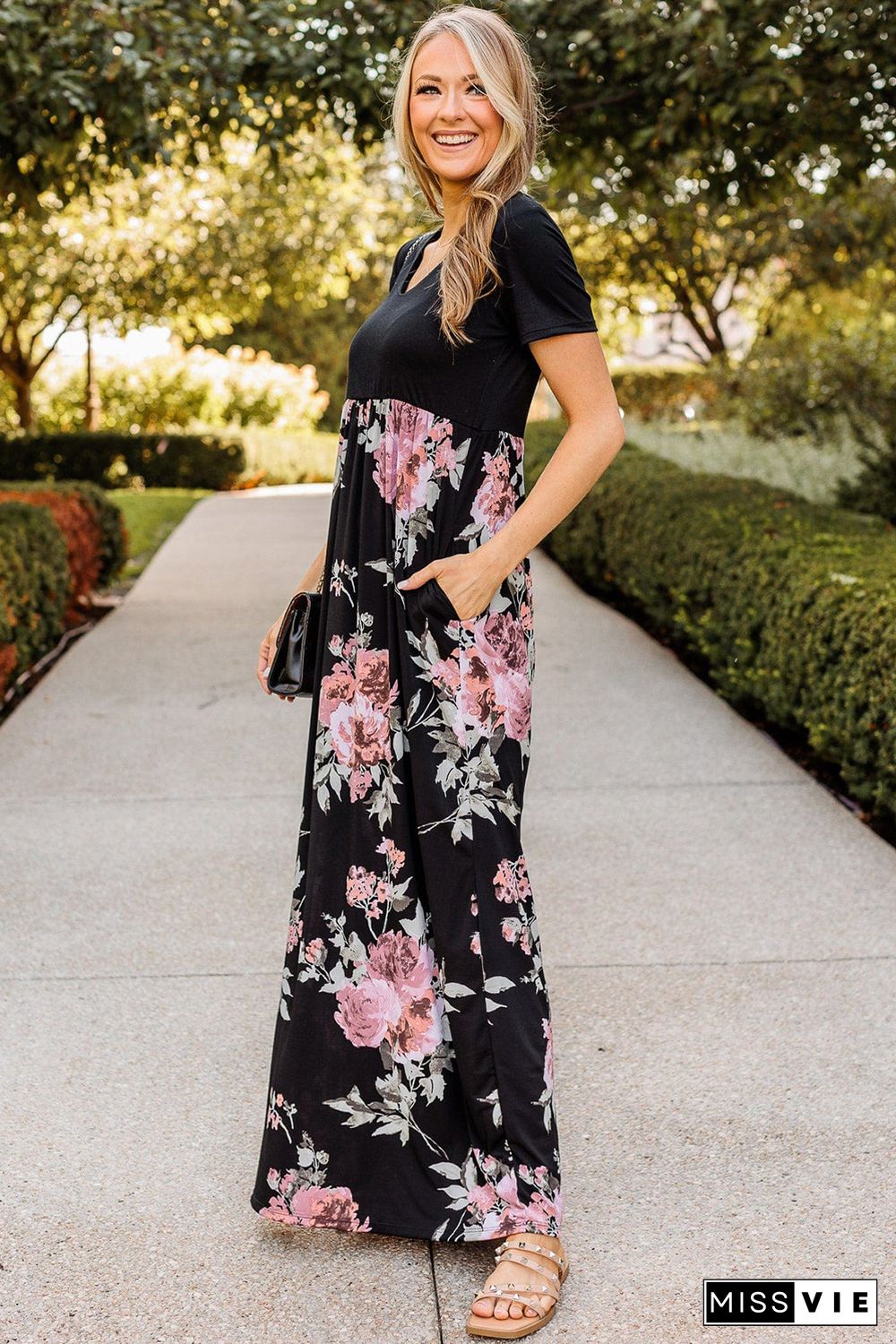 Black Contrast Floral Empire Waist Maxi Dress