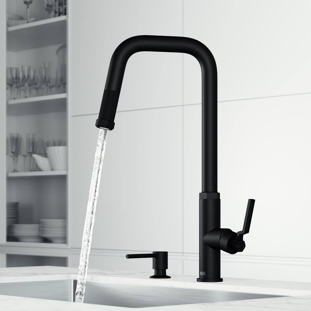 VIGO Hart Angular Single Handle Pull-Down Spout Kitchen Faucet Set with Soap Dispenser in Matte Black VG02036MBK2