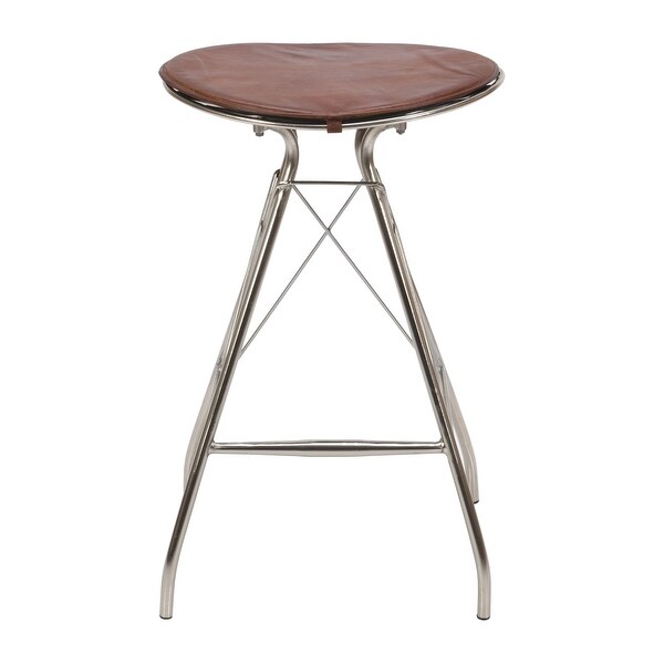 30 Inch Metal Frame Bar Stool， Round Genuine Leather Seat， Dark Brown， Silver