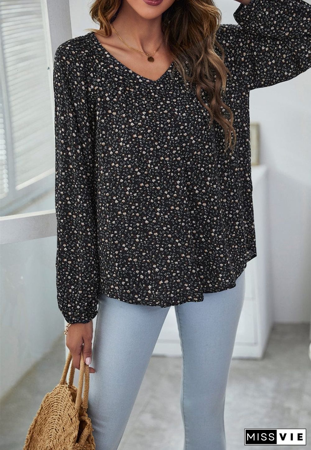 Classic V Neck Floral Blouse