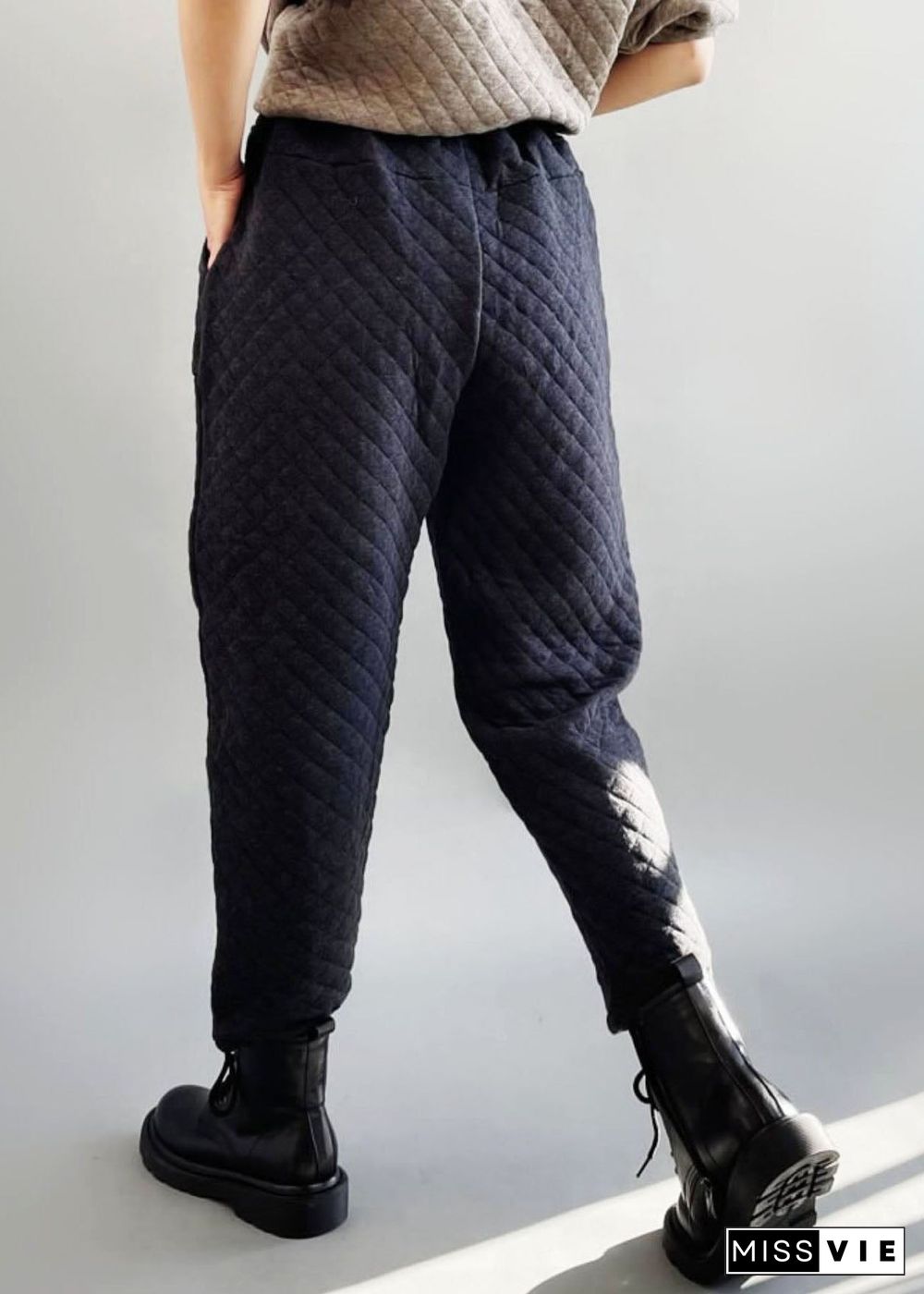 Boutique Black Grey Elastic Waist Plaid Fine Cotton Filled Pants Winter