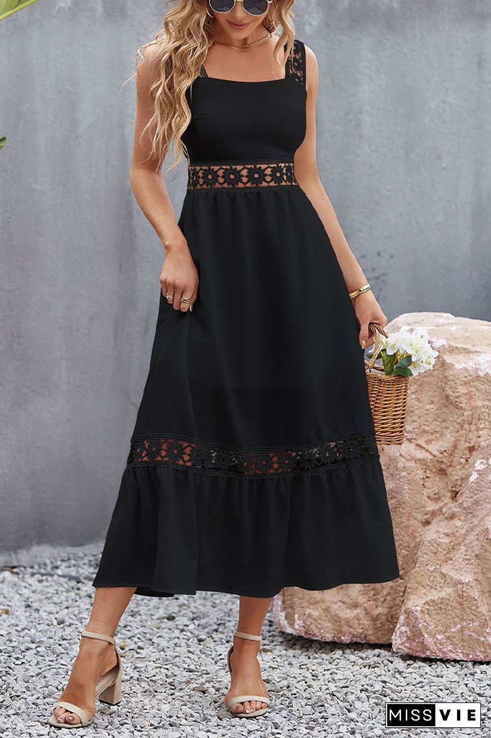 Lace Strap Square Neck Hollow Out Waist Maxi Dress