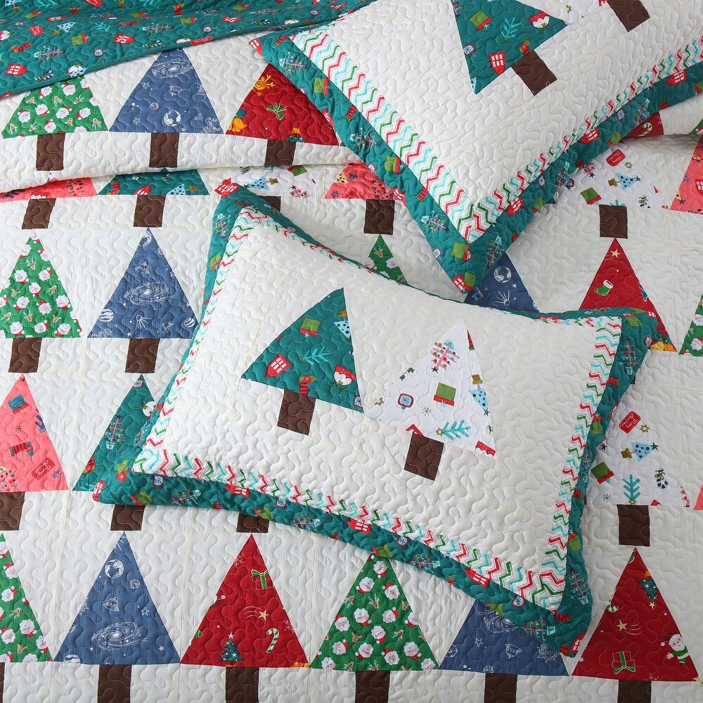 MarCielo Handcrafted Christmas Patchwork Cotton Quilt Bedspread Set 3 Piece Vintage Style Holiday Bedding