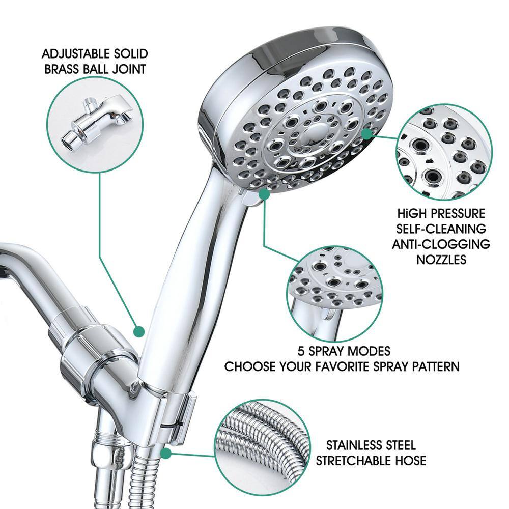 Aurora Decor ACAD 5-Spray Patterns 1.8 GPM 3.5 in. Wall Mounted Handheld Shower Head with Hose in Chrome FAMSH2B5B002CH