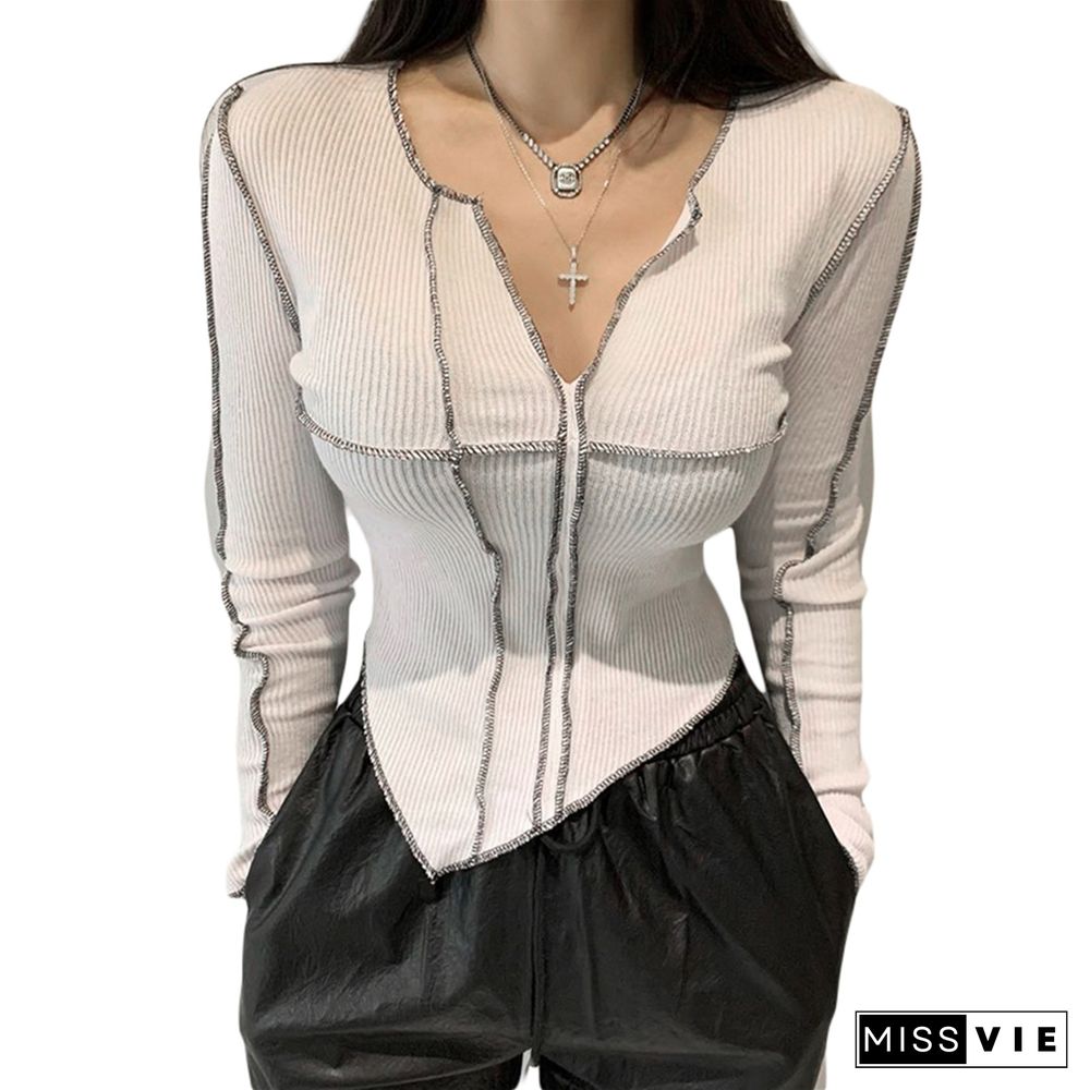 Creative Surface Thread Splicing Crop Tops Long Sleeve Cut V-Neck Slim Wild Chic Casual Irregular Hem T-shirt Slim Base Shirt