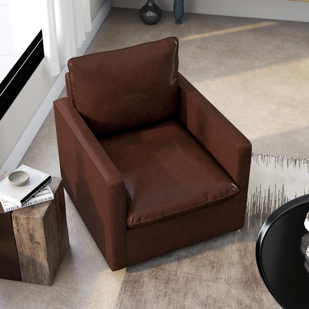 Transitional Accent Chair  Swiveling Faux Leather Seat  ampTrack Arms   Transitional   Armchairs And Accent Chairs   by Decor Love  Houzz