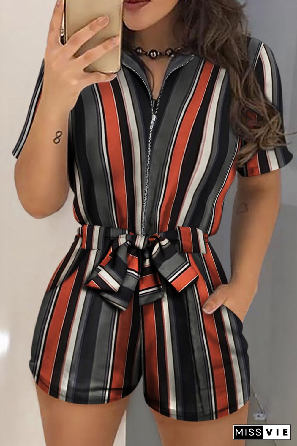 Stripe Print Belted Zipper Romper