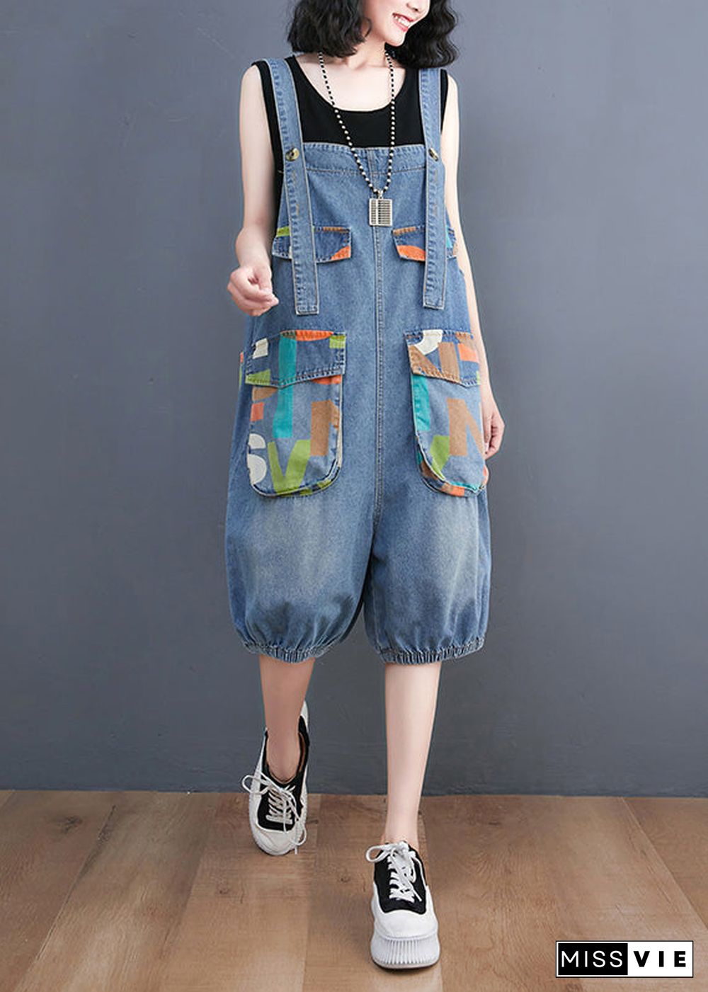 Bohemian Light Blue Slash Neck Print Button Denim Jumpsuit Summer