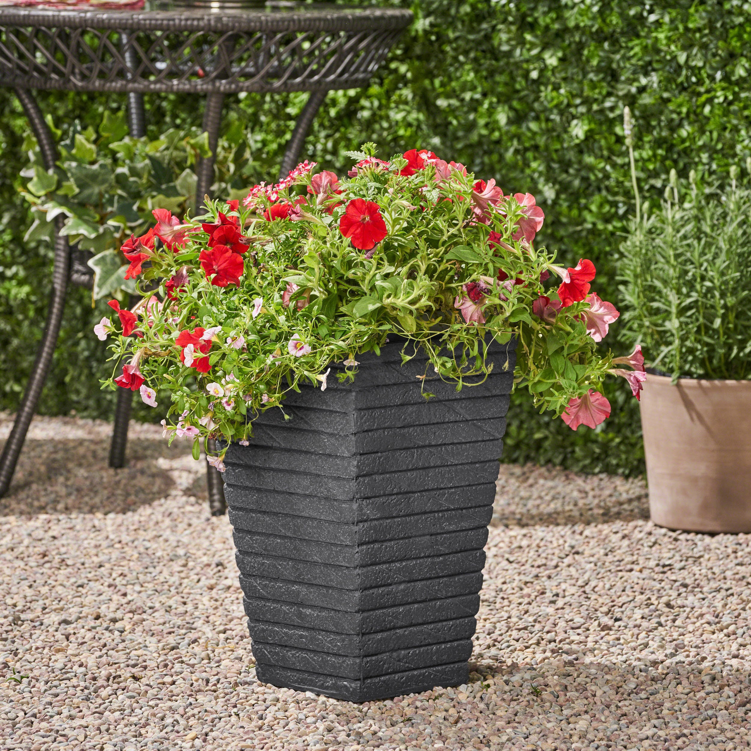 Hedy Garden Urn Planter, Square, Tapered, Riveted, Lightweight Concrete