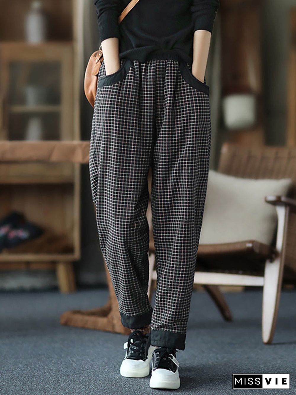 Plus Size Women Cotton Linen Plaid Elastic Waist Pants