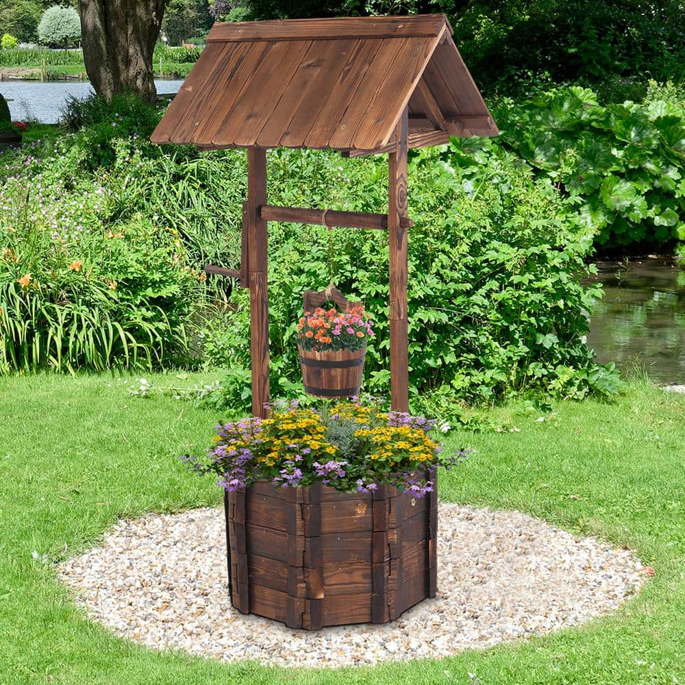 VINGLI 45 in. H Rustic Wooden Wishing Well Planter Flower Pot Patio Garden Outdoor Decor HDG26000842