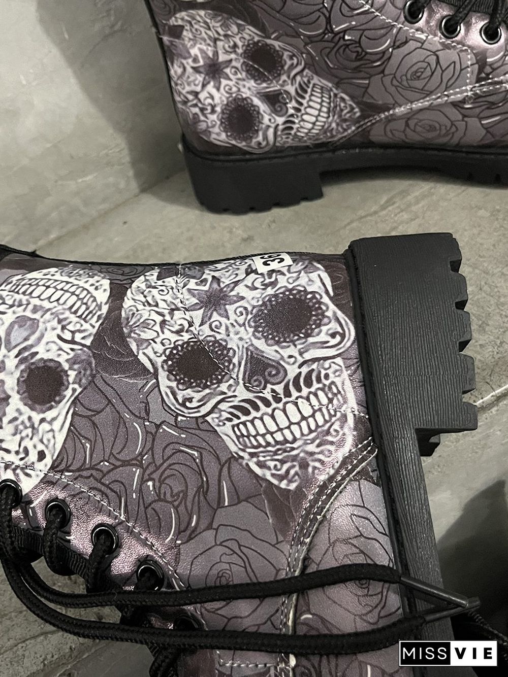 Skull All Season Party Commuting Low Heel PU Pu Lace-Up Height Increasing Boots for Women