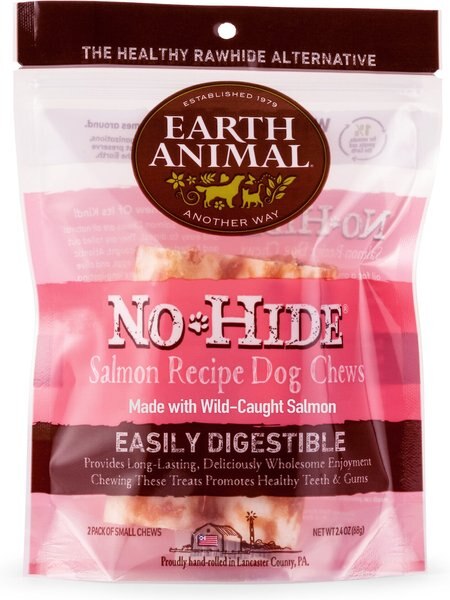 Earth Animal No-Hide Long Lasting Natural Rawhide Alternative Salmon Recipe Small Chew Dog Treats， 2 count