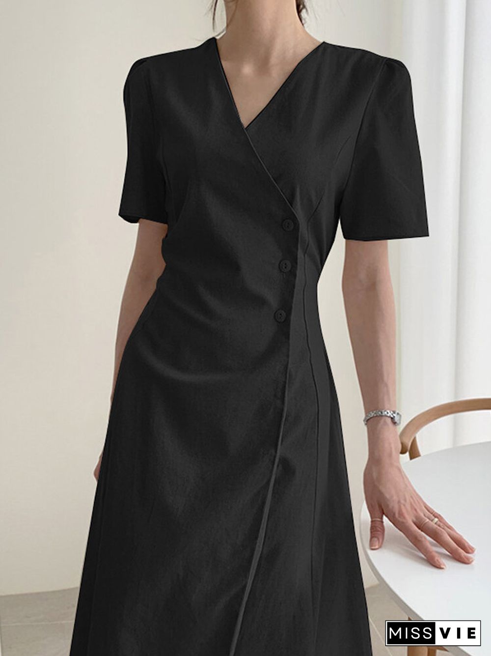 Solid Warp Button Front V-neck Short Sleeve Casual Dress