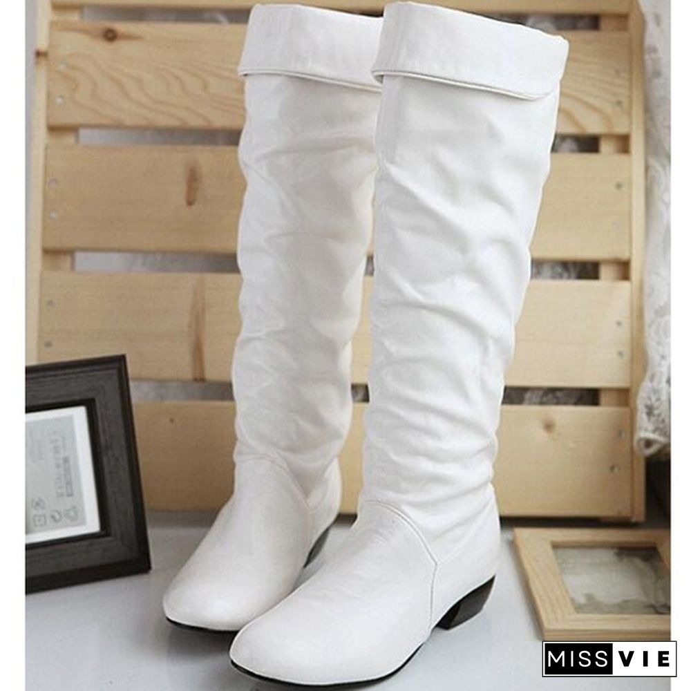 Women's Fashion Winter Long Boots Knee High Boots Low Heel Leather Boots Plus Size 35-43(Please Buy Bigger Size Than Usual)