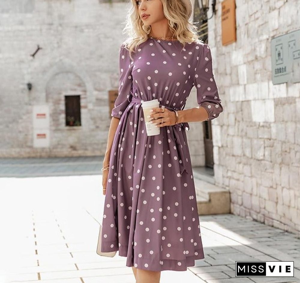 Elegant A-line polka dot women dress autumn Office lady o-neck belt women midi dresses Half sleeve female purple vestido