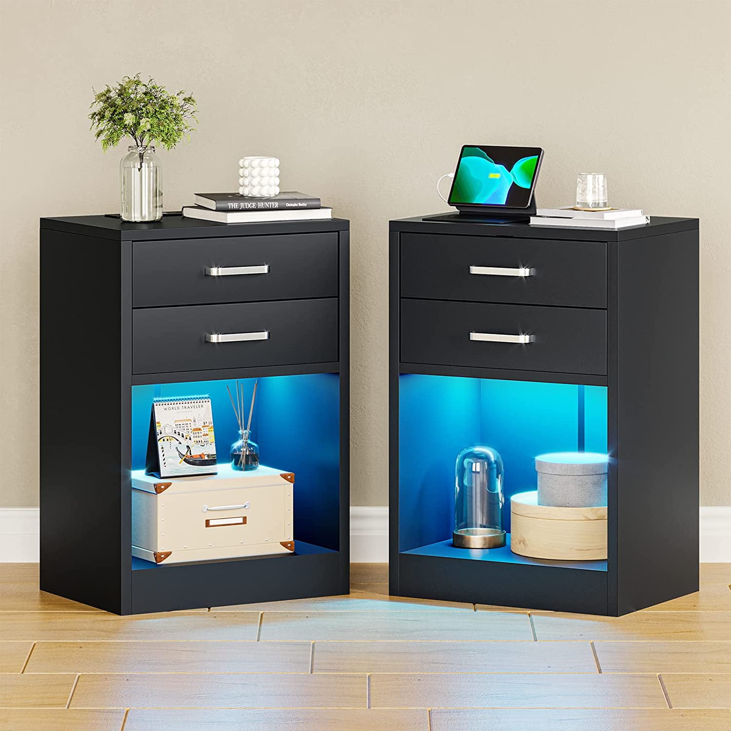 Set of 2 LED Nightstands with Charging Station, Modern Bedside Table with 2 Drawers, Black