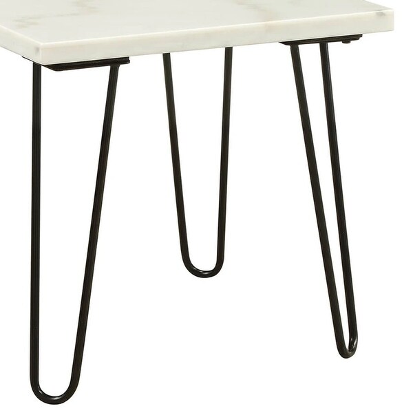 Marble Top End Table with Hairpin Style Metal Legs， White and Black