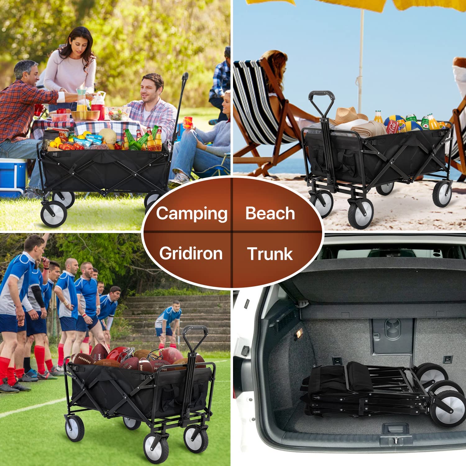 Dkeli Utility Wagon Garden Wagon Cart Collapsible Beach Cart with Adjustable Handles for Garden, Camping, Black