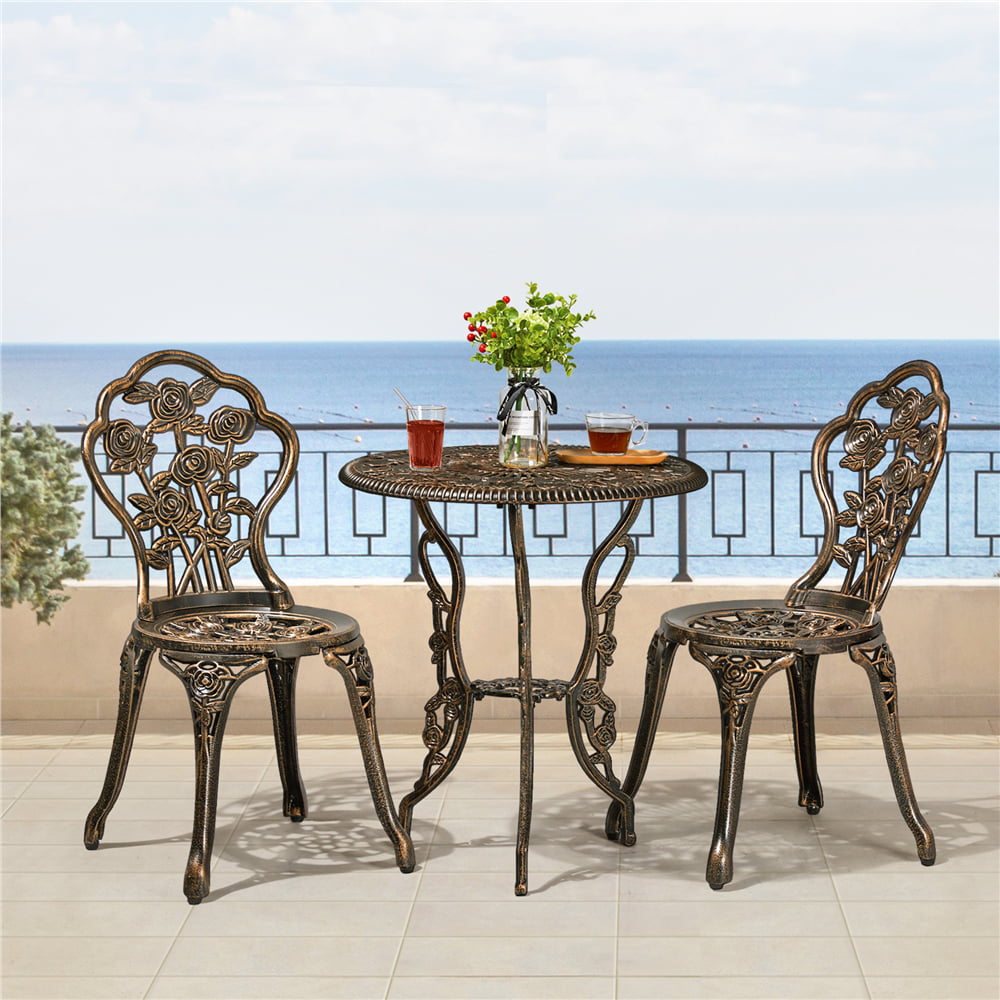 Yaheetech 3 Piece Patio Bistro Table Set with Umbrella Hole Outdoor Metal Furniture, Bronze