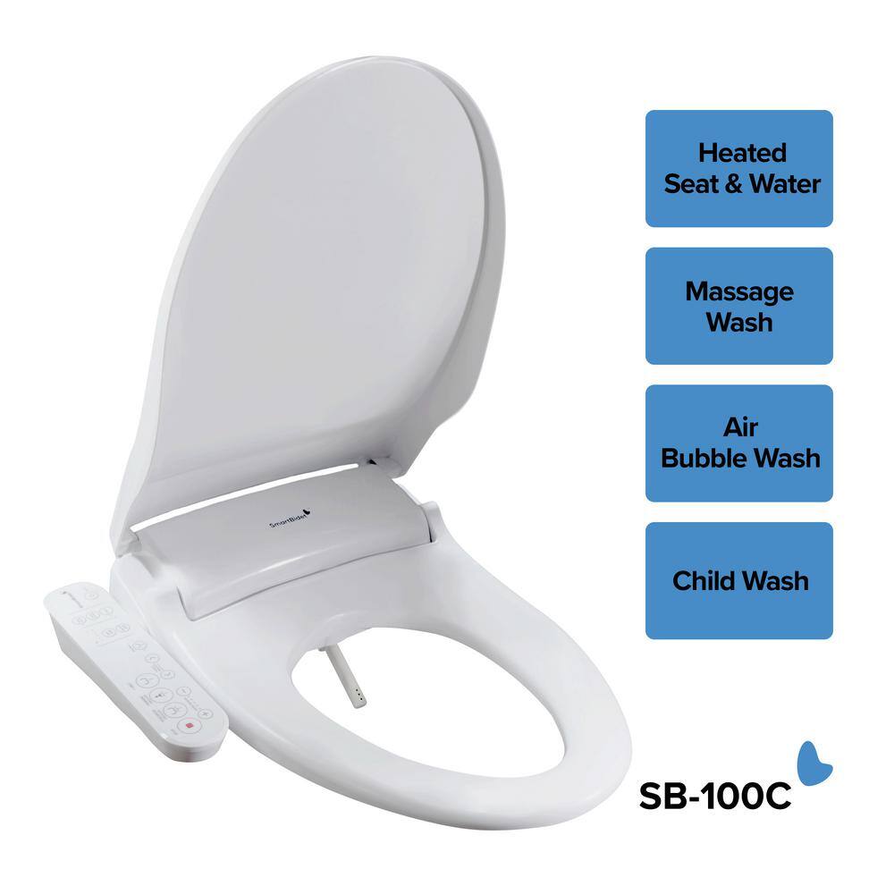 SmartBidet Electric Bidet Seat for Elongated Toilets with Control Panel Massage Wash Child Wash Heated Water and Seat in White SB-100C