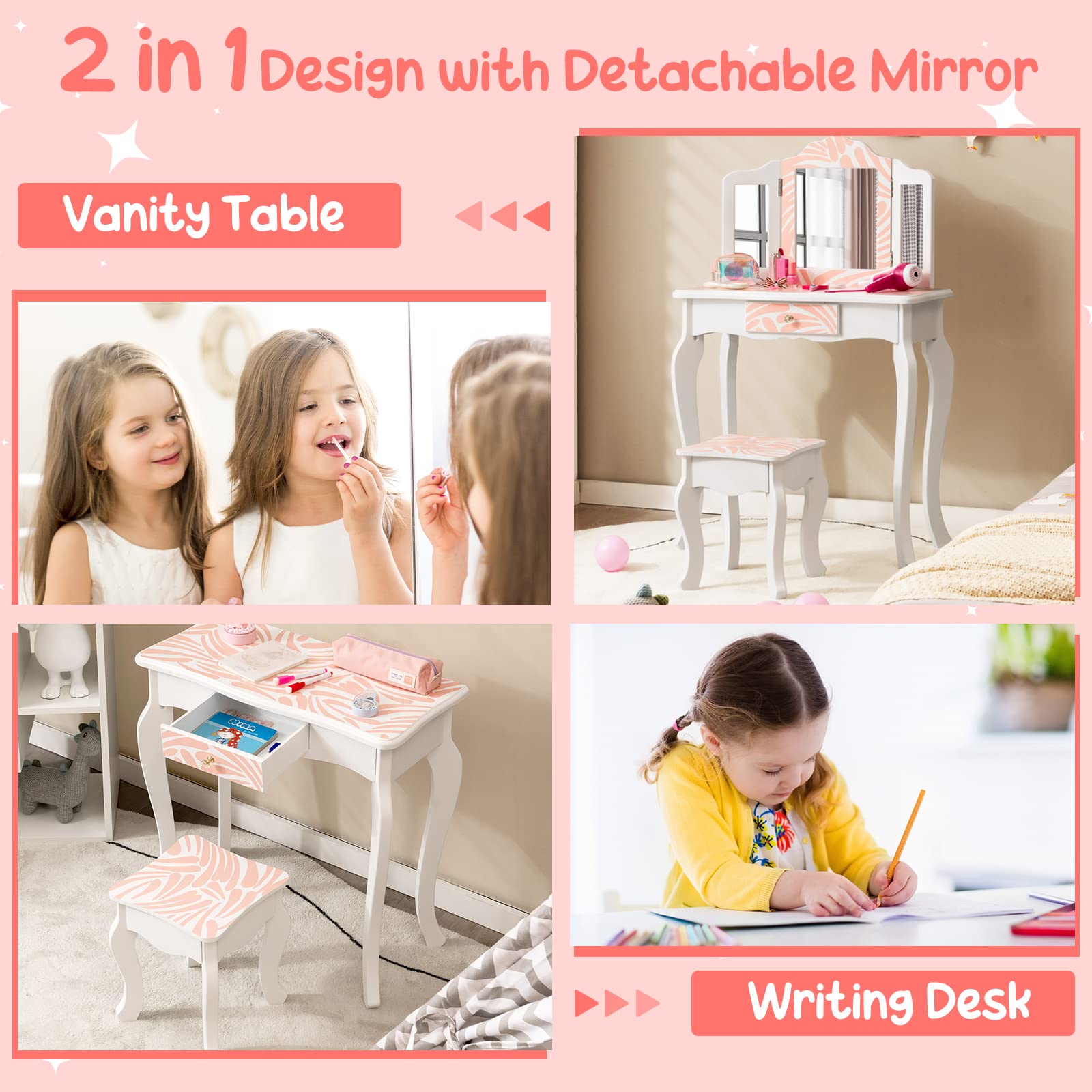 Costzon Kids Vanity Table and Chair Set, Girls Vanity Set with Mirror and Stool, Pretend Play Vanity Set for Little Girls