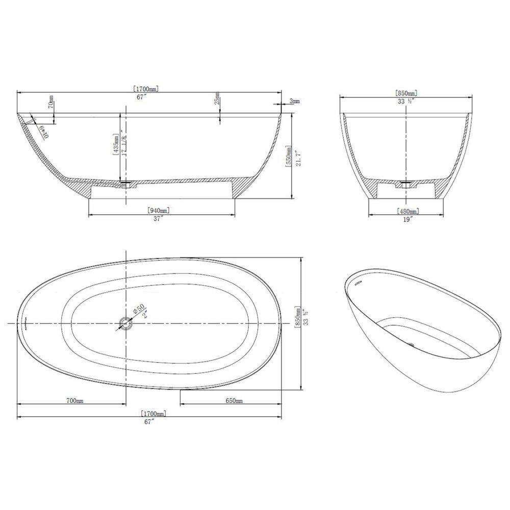 INSTER JUNO 67 in. Solid Surface Stone Resin Egg Shape Flatbottom Bathtub in Matte Cement Grey HDPCYNBT0004