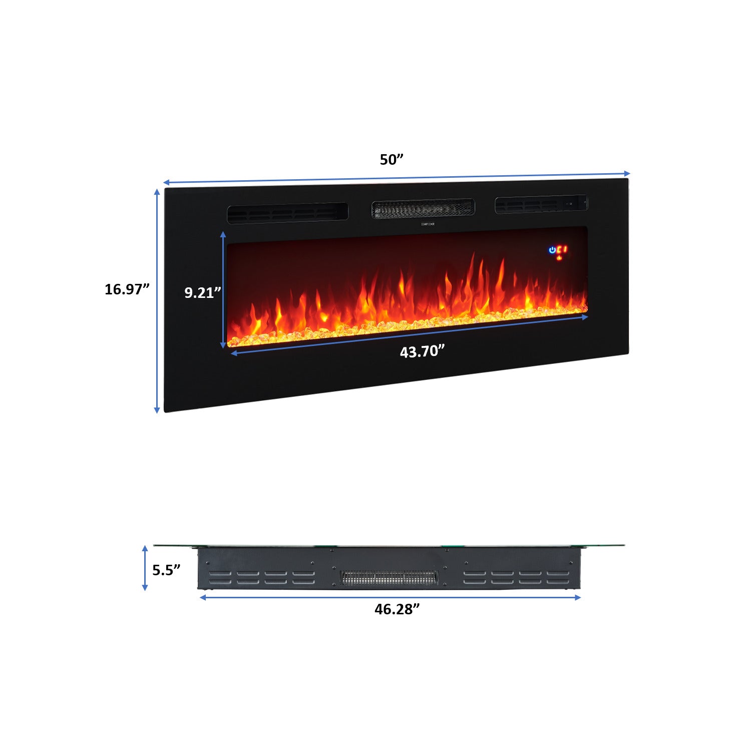 Cyra Electric Fireplace 50" Wall Mounted Electric Fireplace Inserts LED Fireplace with 3 Colors, Temperature, Touch Screen, Remote Control, Timer, Crystal Stones, Wood by Naomi Home - 50 Inch