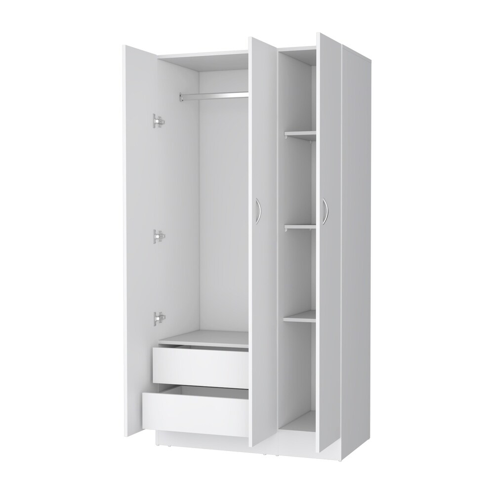 Declan White 3 Door Wardrobe Cabinet Armoire with Storage Shelves and Hanging Rod